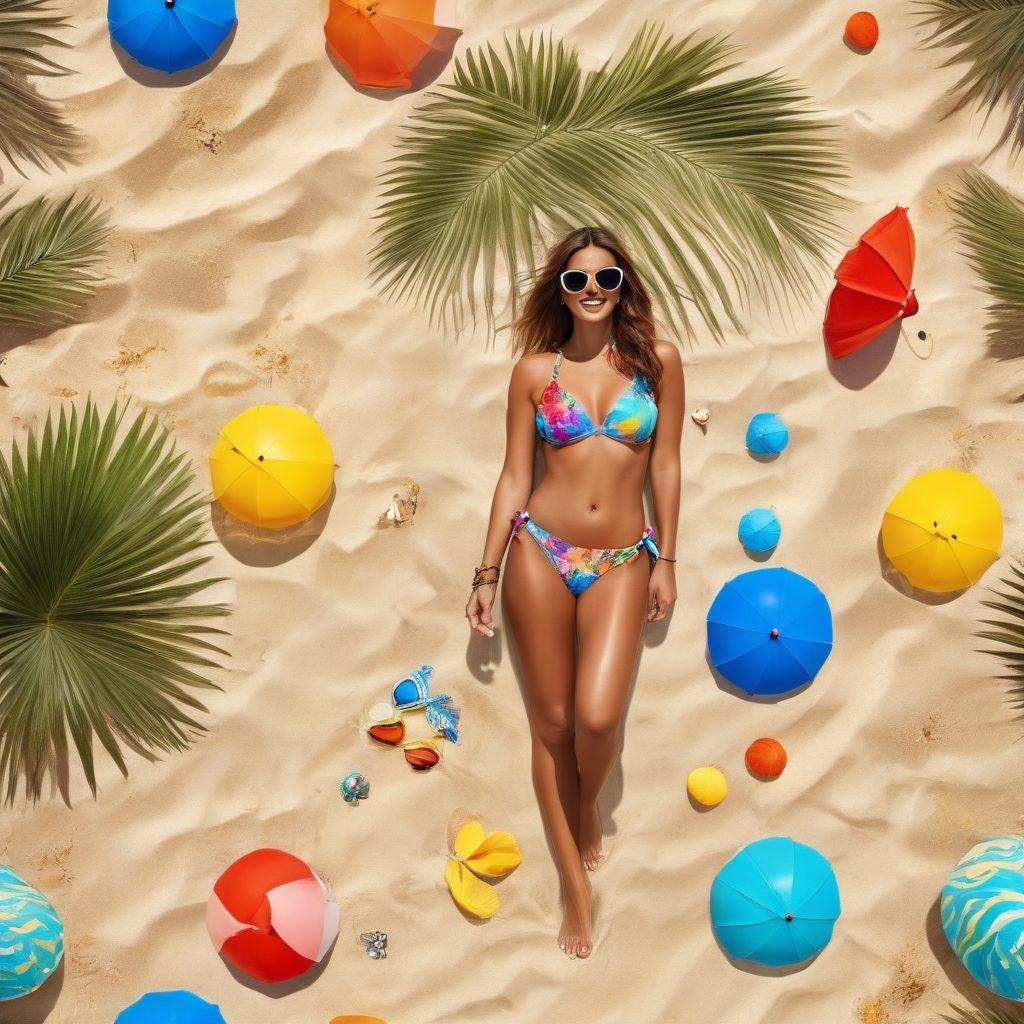 A sunny beach scene featuring models in various stylish bikini trends for 2023, each showcasing vibrant colors and unique designs. Include colorful beach umbrellas and clear blue waters in the background, surrounded by tropical plants and golden sand. Add a sense of joy and relaxation with beach accessories like sunglasses and beach balls. super-realistic. vibrant colors. beach setting.